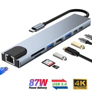 USB C Hub 8 V 1 Typ C 3.1 Až 4K kompatibilný s HDMI Adaptér s RJ45 SD/TF Karty, Čítačky PD Rýchle Nabitie pre MacBook Prenosný Počítač