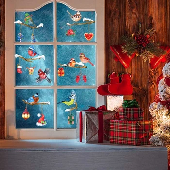 Vianočné Okno Obopína Robin Vtáčí Strom Brances Stenu Sklo Nálepky Odtlačkový Dekor
