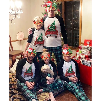Vianočné Zodpovedajúce Rodiny Pyžamo Červená Koberčeky Kamión s Vianočný Strom Zelený Kockovaný Pyžamo Set Detské Pyžamo