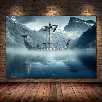 Viking Longboat V Studenej Severnom Mori Umelecké Plátno na Maľovanie Plagátu a Tlačí na Steny Umenie Obrázok pre Obývacia Izba Domova Cuadros