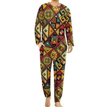 Vintage Mandala Pyžamo Zime 2 Kus Afriky Štýl Kawaii Pyžamo Nastaviť Mužov Long-Sleeve Estetické Vytlačené Sleepwear Veľká Veľkosť 5XL