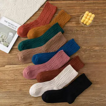 Vintage Ženy Vlnené Ponožky Pevné Farebné Pruhované Twist Dievča Bežné Móda Jeseň Zima Harajuku Kniting Hrubé Teplé Ponožky Priedušná