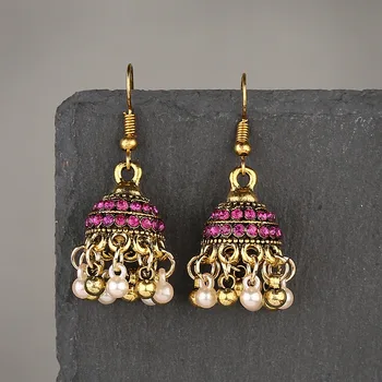 Vintage Žien Zlatá Farba Zvony Indické Šperky, Zirkón Ružový Piercing, Náušnice Ženy, Etnické Korálky Strapec Jhumka Náušnice Šperky