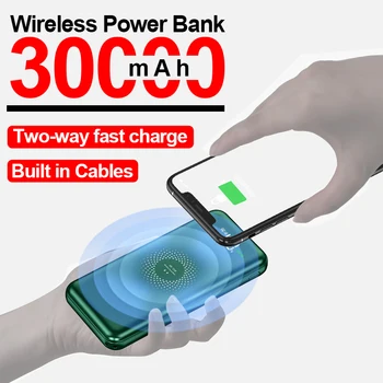 Wireless Power Bank 30000mAh Rýchle Nabíjanie Digitálne Zobrazenie Externej Batérie Vstavaný Káble 4USB Nabíjačka pre iPhone Xiao