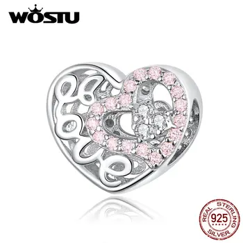 WOSTU 925 Sterling Silver Láska Srdce Korálky Zirkón Ružový Openwork Charms Fit Originálny Náramok Prívesok Pre Ženy Šperky CQC1301