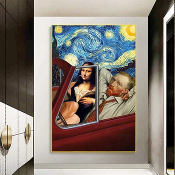Zábavné Umenie Mona Lisa Van Gogh Fajčiť V Aute Plátno na Maľovanie Plagátu, Hviezdna Noc Wall Art Výtlačkov Obrázkov pre Obývacia Izba Dekor