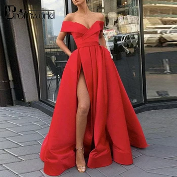 Červené Šaty Ples 2023 Ramena Vysokej Štrbinou Dlho Prom Šaty s Vreckami vestidos de fiesta largos elegantes de gala