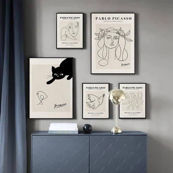 Čierna Mačka Linky Vintage Plátno na Maľovanie Pablo Picasso Výstava Plagátov a vzory, Moderné Galérie Wall Art Obrázky Domova