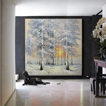 Čisto Ručne Maľované Olejomaľba Snehu Scény Breza Sunrise Dekoratívne Maľby Nordic Krajinomaľbou Hotel Home Decor Č Rámovanie